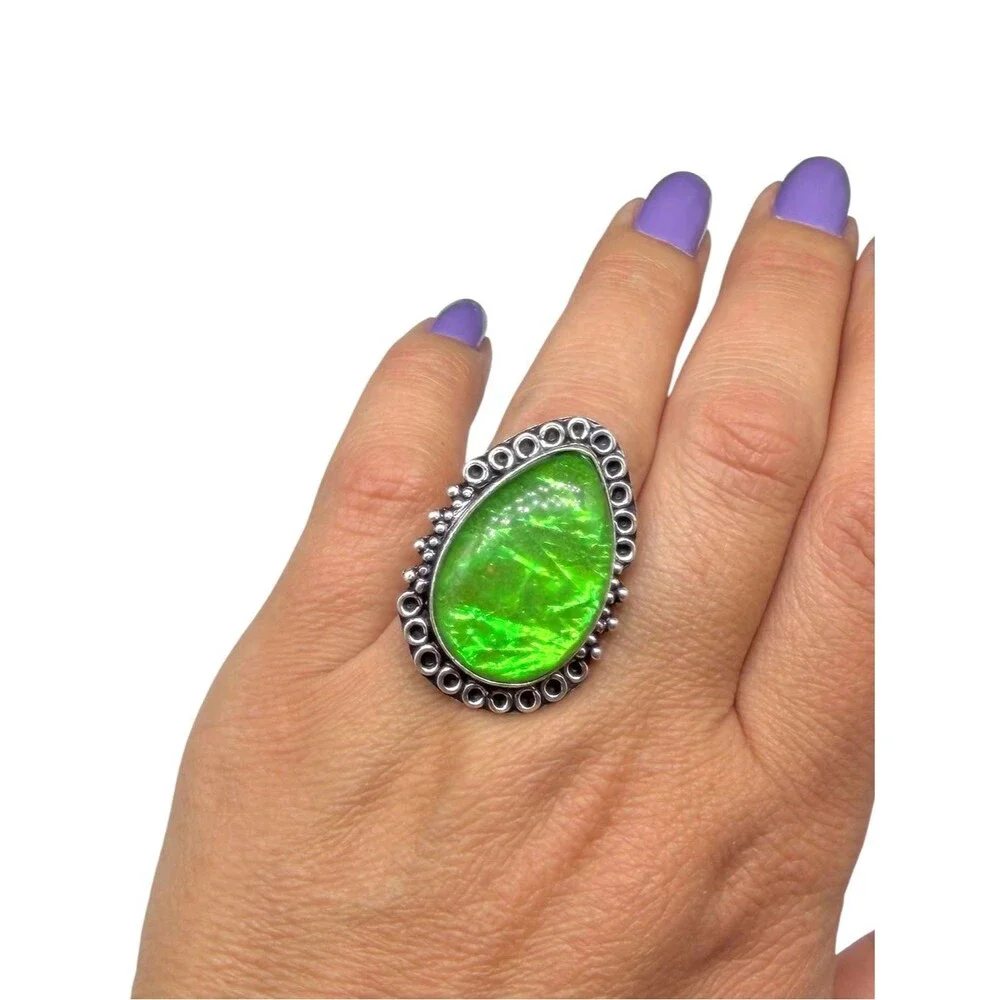 Green Triplet Opal Ring Size 7.5 925 Sterling Silver Overlay